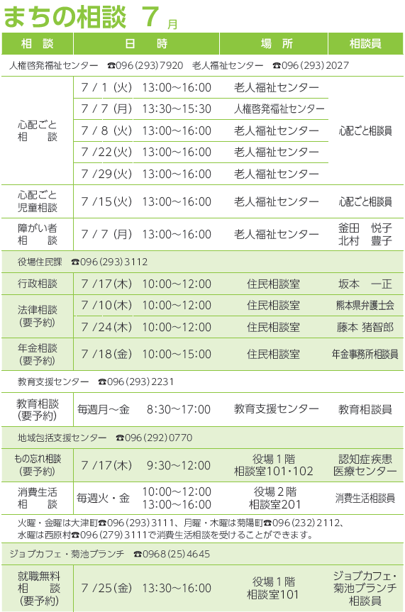 まちの相談7月の予定表