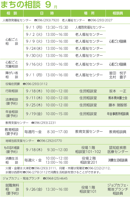 令和7年9月まちの相談予定表