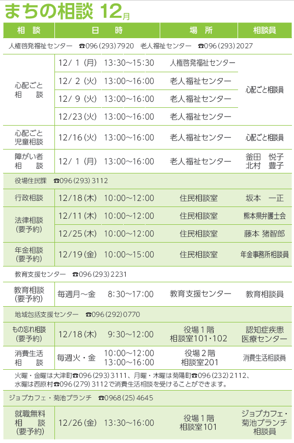 まちの相談12月の予定表
